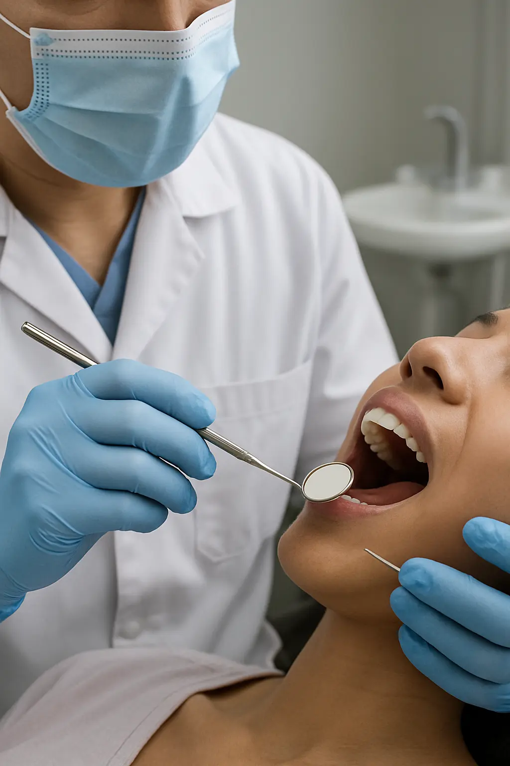 A dental examiner using a mouth mirror and probe during a calibrated oral examination in a Malaysian dental clinic