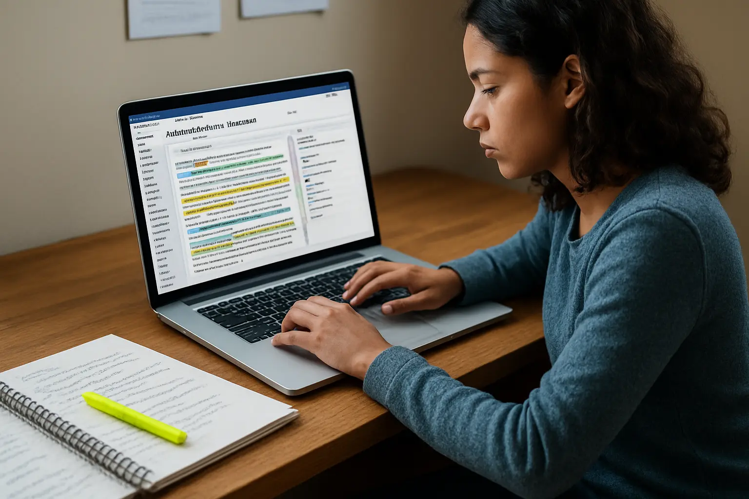 A social work student coding interview transcripts on a laptop using qualitative analysis software
