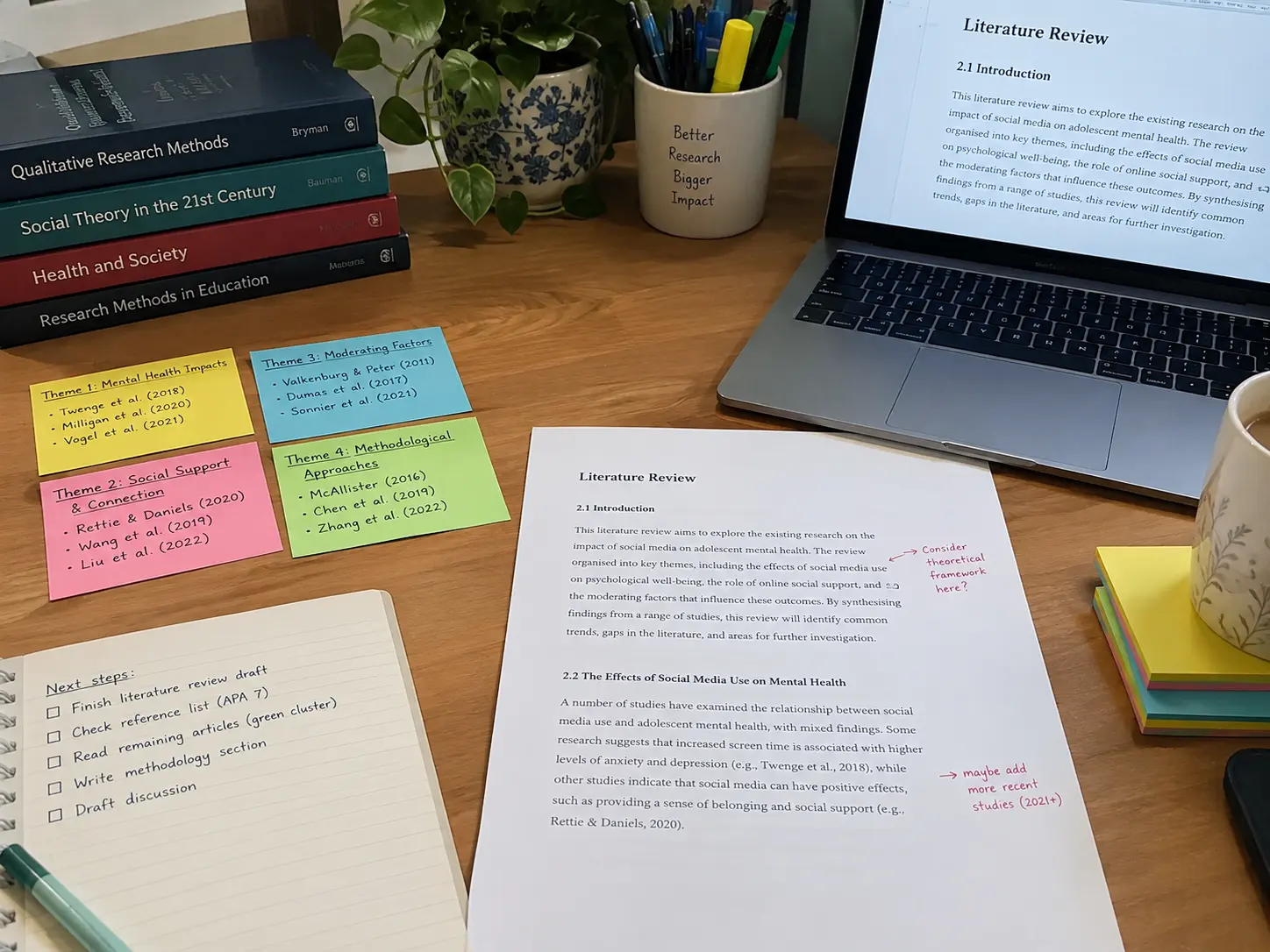 Printed literature review draft with sticky notes grouping articles into colour-coded theme clusters, representing literature synthesis