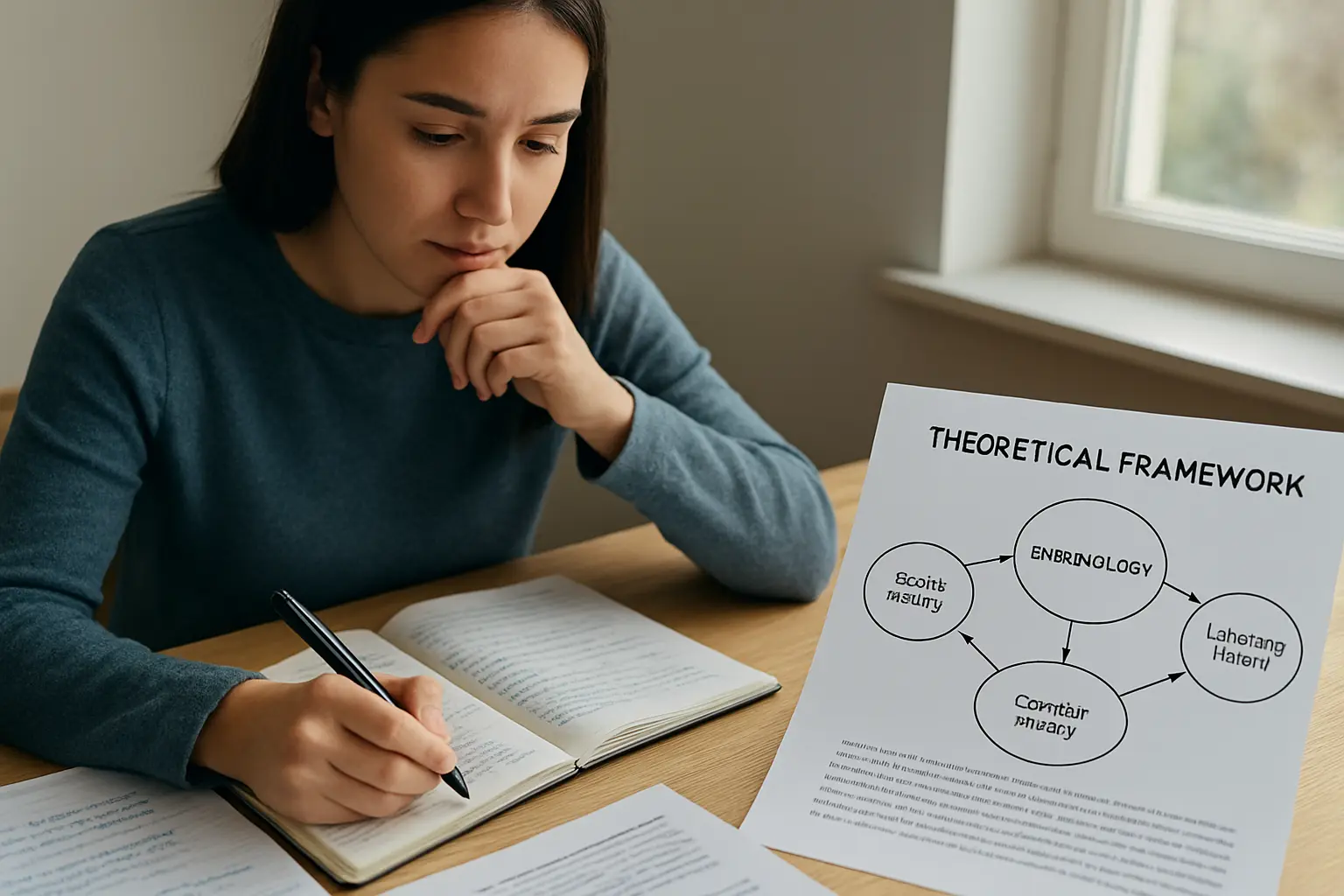 A criminology student reviewing thesis notes and a printed theoretical framework diagram before a viva