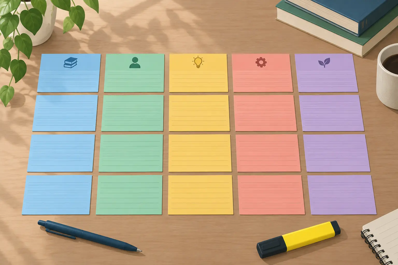 Index cards grouped into themes to build a literature synthesis table