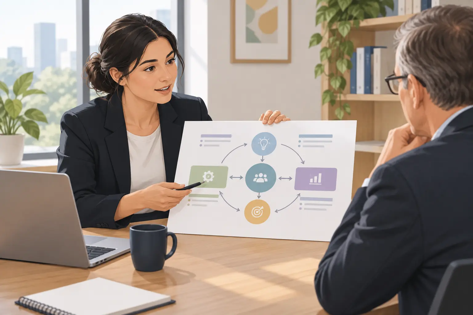 Business student presenting a conceptual framework diagram to a supervisor