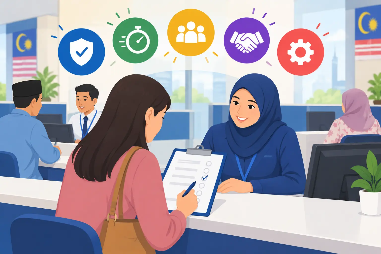 Pelanggan mengisi soal selidik kualiti perkhidmatan di kaunter perkhidmatan