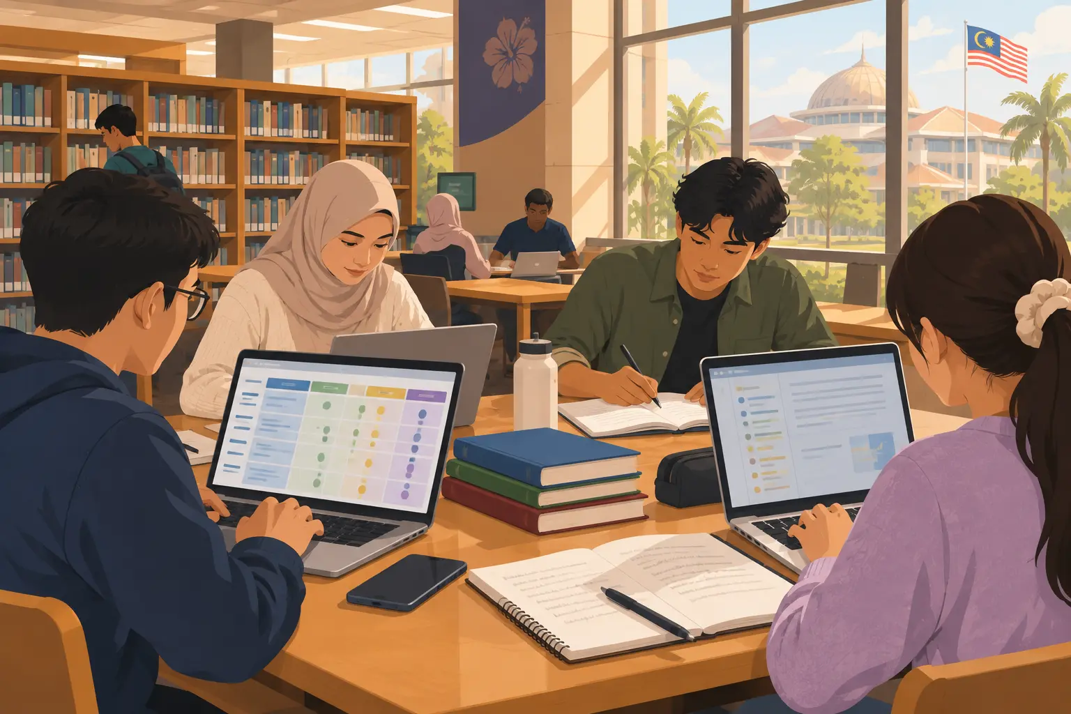 Pelajar universiti menyusun kajian lepas tentang prestasi akademik di perpustakaan